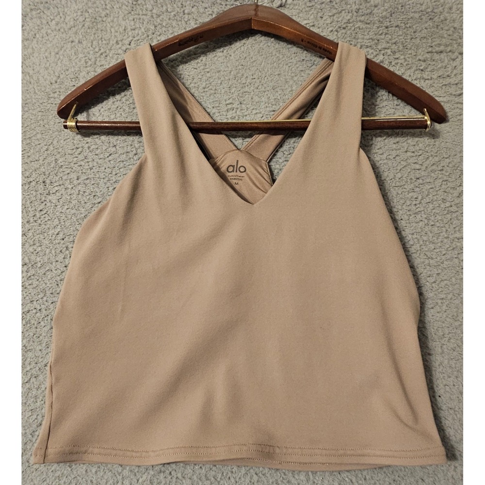 Alo Yoga Real Tank V-Neck Cropped Racerback Built-in Bra Tan Brown Womens Size M